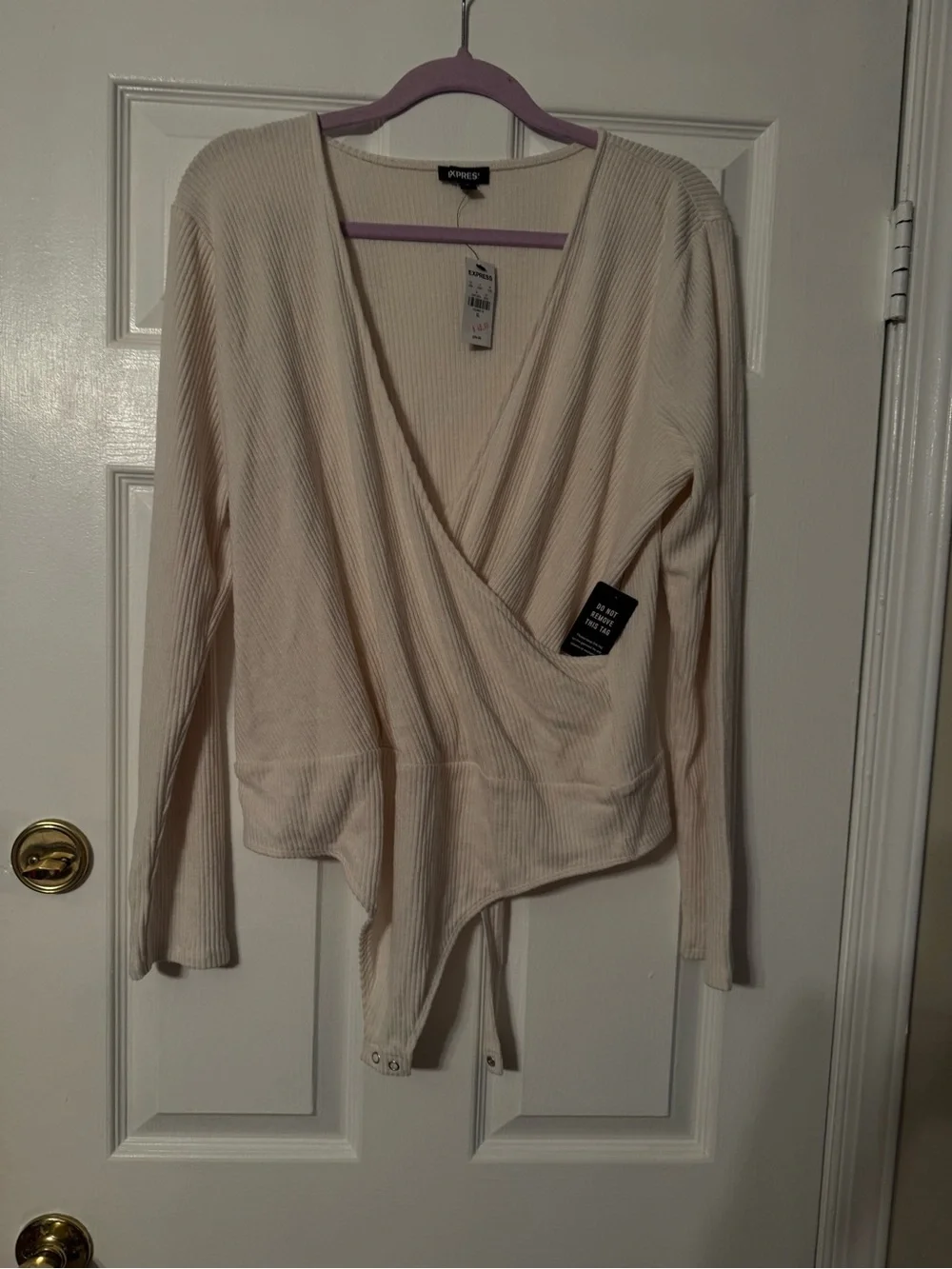 Express Cream Ribbed Wrap Bodysuit - Picture 1 of 6